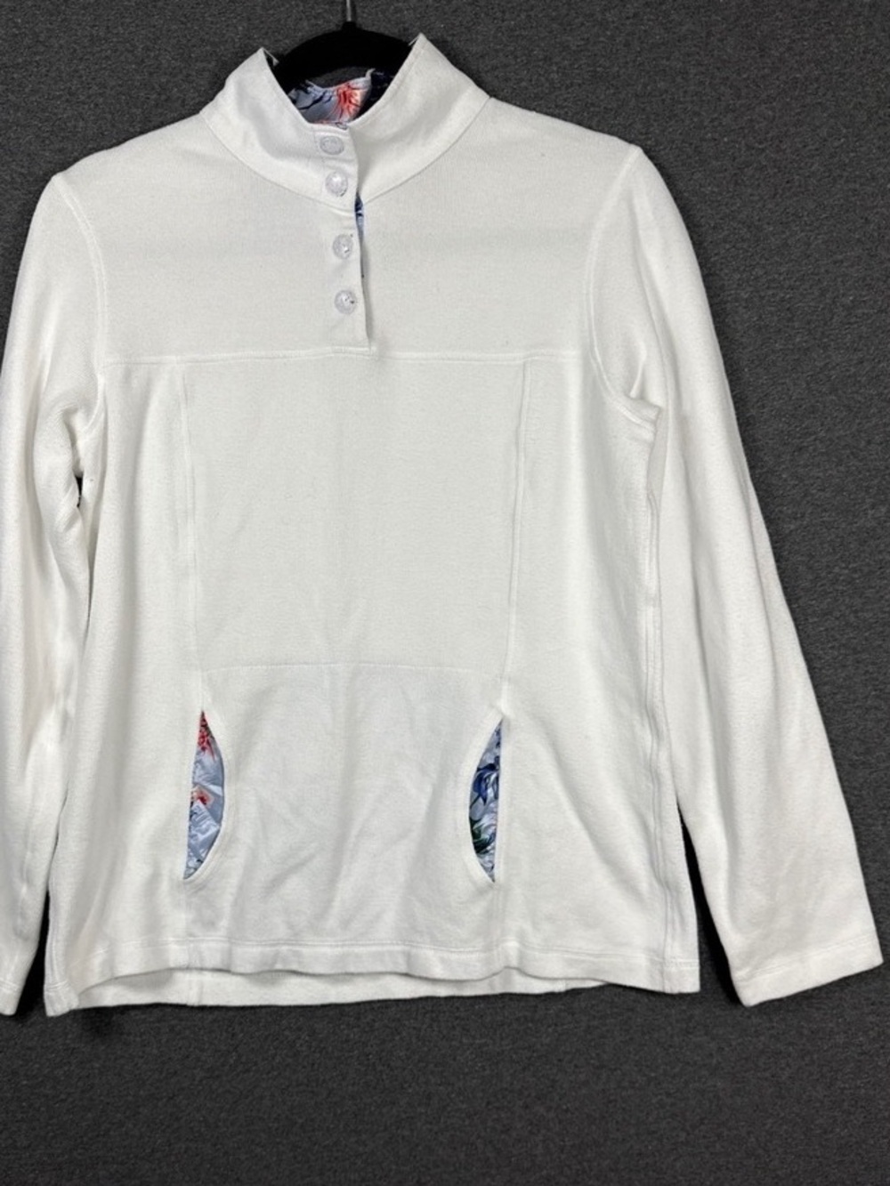 Girls' White Long-Sleeve Pullover Hoodie with Floral Pocket Trim